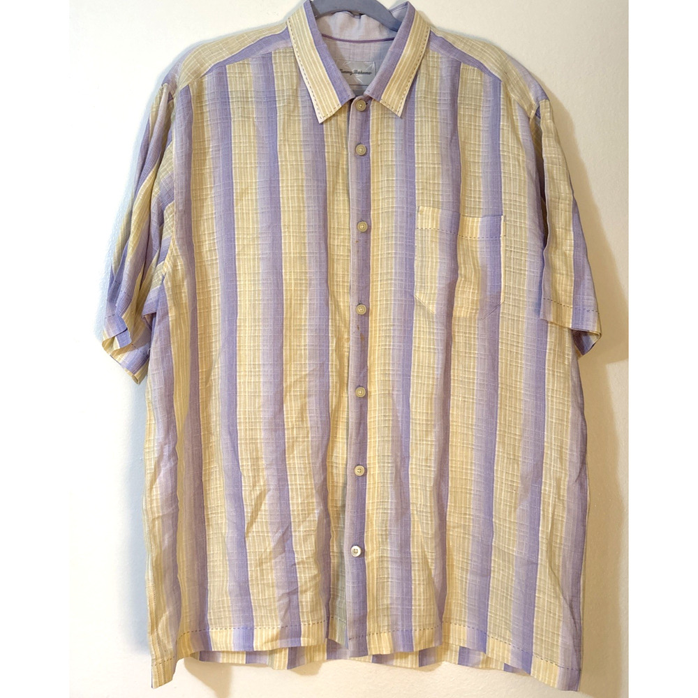 Tommy Bahama Shirt Daffodil Amethyst Colorful Striped Linen Short Sleeve Mens L